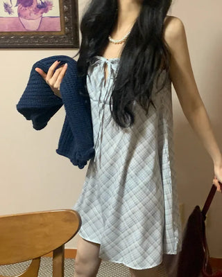 Checked Shirred Ribbon Camisole Dress