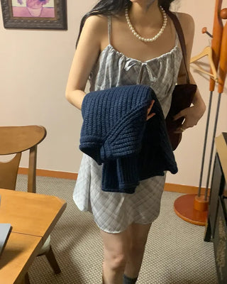 Checked Shirred Ribbon Camisole Dress