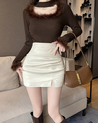 Leather shirred mini skirt