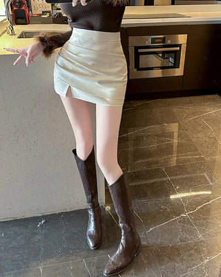 Leather shirred mini skirt