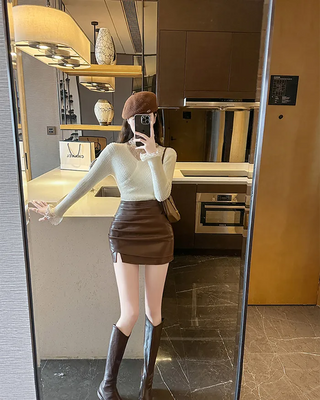 Leather shirred mini skirt