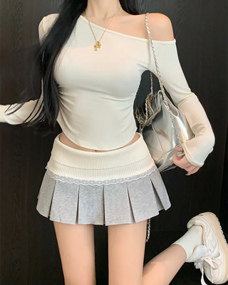 Lace elastic pleated mini skirt