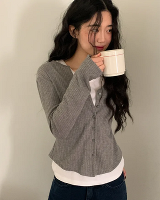 V-neck ribbed long-sleeve cardigan