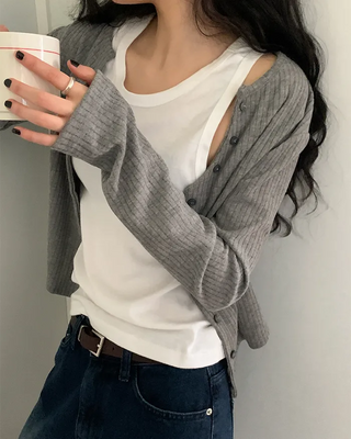 V-neck ribbed long-sleeve cardigan