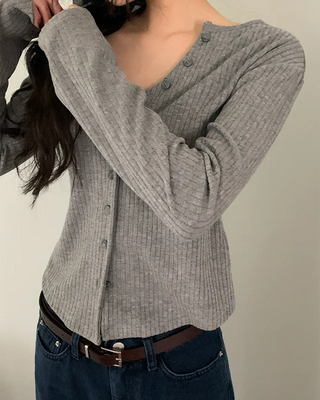 V-neck ribbed long-sleeve cardigan