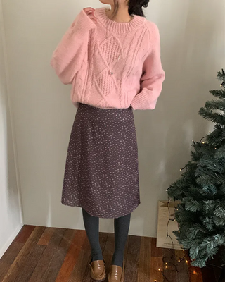Peach brushed floral midi skirt