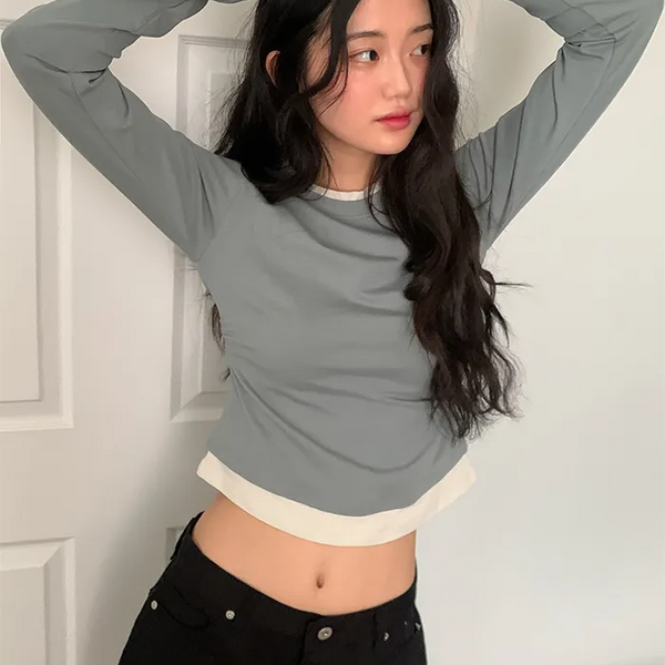 Fake Layered Bicolor Long-Sleeve T-Shirt