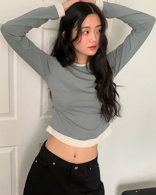 Fake Layered Bicolor Long-Sleeve T-Shirt