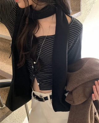 Border Shirred Layered Cardigan T-Shirt
