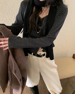 Border Shirred Layered Cardigan T-Shirt