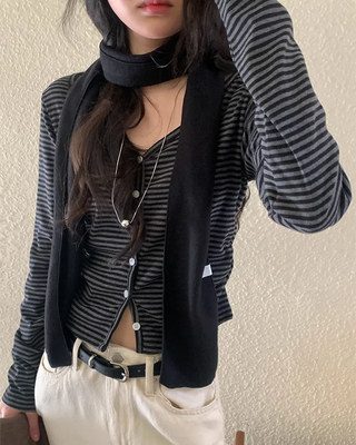 Border Shirred Layered Cardigan T-Shirt