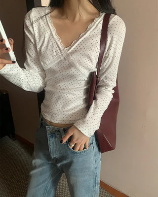 (2 colors) Dot Lace Long Sleeve T-Shirt