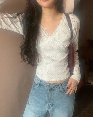 (2 colors) Dot Lace Long Sleeve T-Shirt