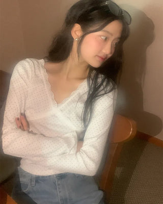 (2 colors) Dot Lace Long Sleeve T-Shirt