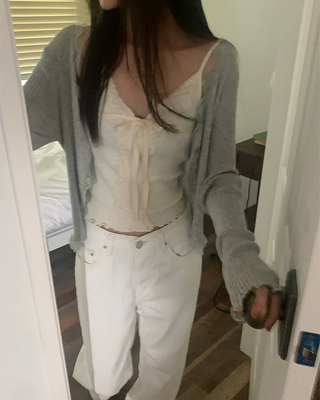 Ribbed lace long-sleeved cardigan