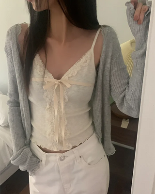 Ribbed lace long-sleeved cardigan