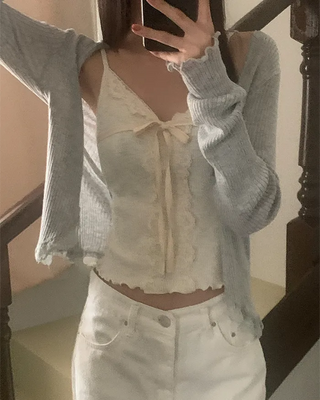 Ribbed lace long-sleeved cardigan