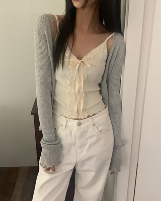 Ribbed lace long-sleeved cardigan