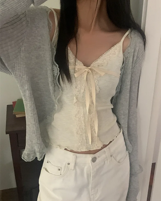 Ribbed lace long-sleeved cardigan