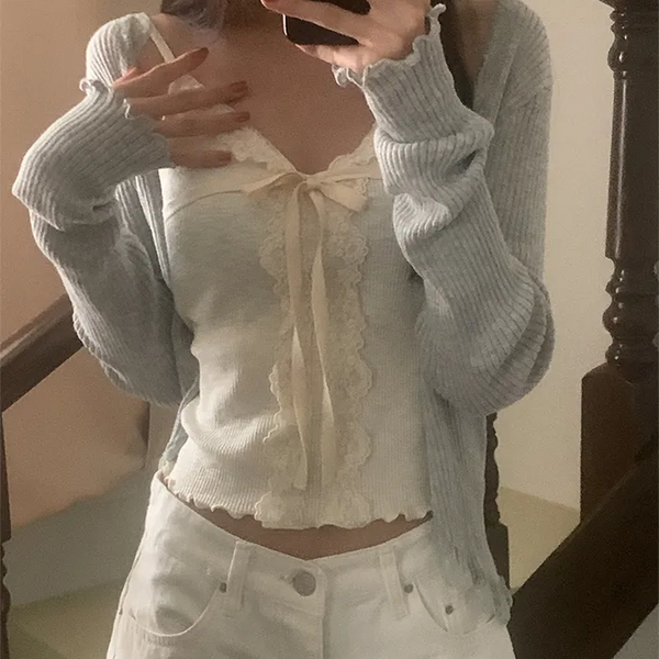 Ribbed lace long-sleeved cardigan