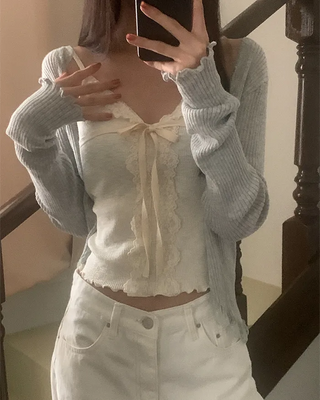 Ribbed lace long-sleeved cardigan