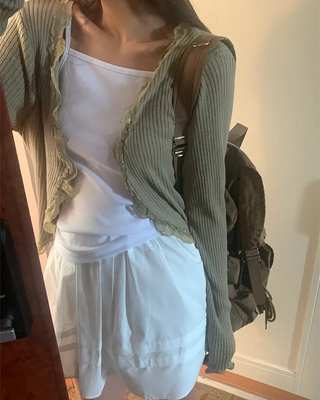 Ribbed lace long-sleeved cardigan