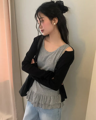 (3 colors) Ribbed Shirring Frill Layered Sleeveless