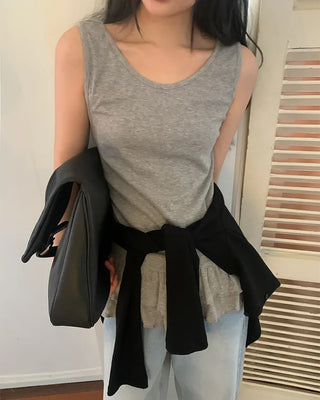 (3 colors) Ribbed Shirring Frill Layered Sleeveless