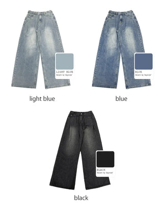 Pleated washed denim pants