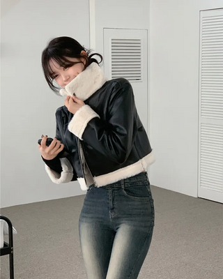Leather cropped shearling coat