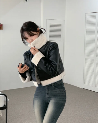 Leather cropped shearling coat
