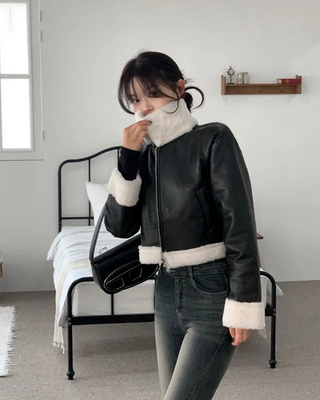 Leather cropped shearling coat