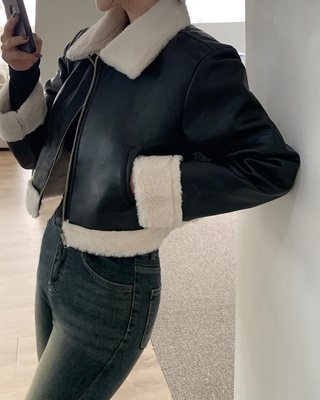 Leather cropped shearling coat
