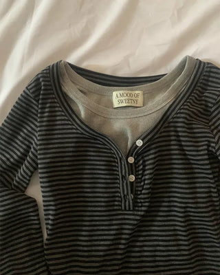 Layered striped button-up long-sleeved T-shirt