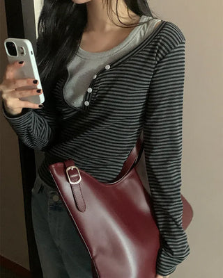 Layered striped button-up long-sleeved T-shirt
