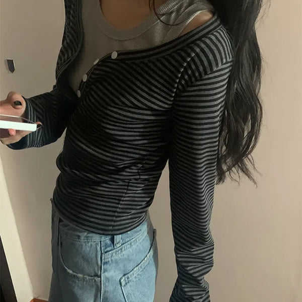 Layered striped button-up long-sleeved T-shirt