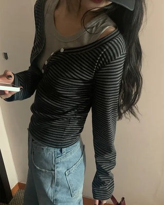 Layered striped button-up long-sleeved T-shirt
