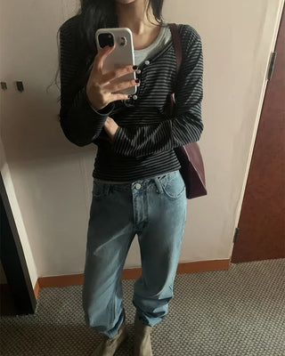 Layered striped button-up long-sleeved T-shirt