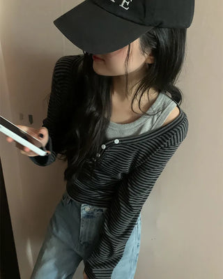 Layered striped button-up long-sleeved T-shirt