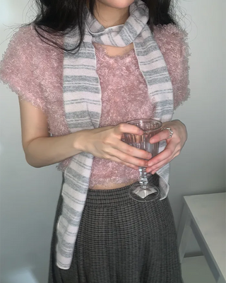 Bouclé fur short-sleeved cardigan