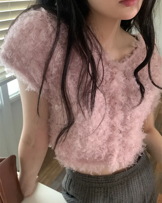 Bouclé fur short-sleeved cardigan
