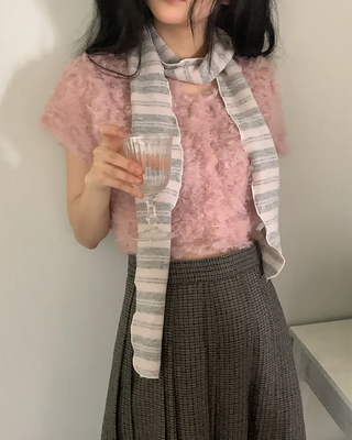 Bouclé fur short-sleeved cardigan