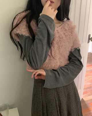 Bouclé fur short-sleeved cardigan