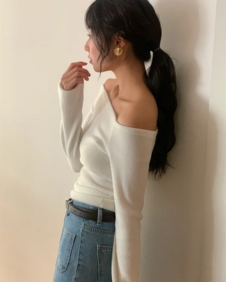 Basic off-shoulder long-sleeved T-shirt