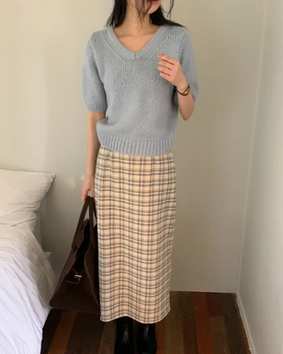 Wool check long skirt