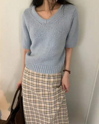 Wool check long skirt