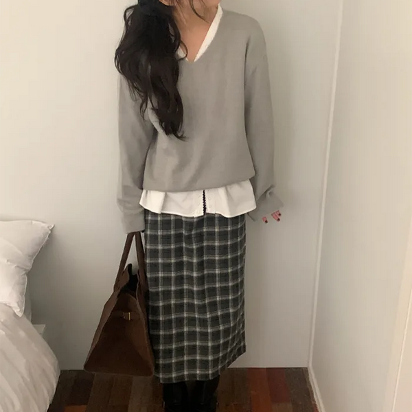 Wool check long skirt