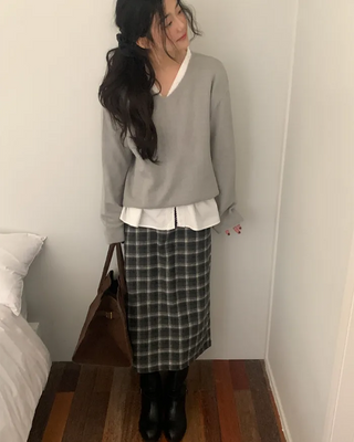 Wool check long skirt