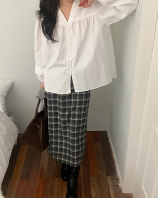 Wool check long skirt