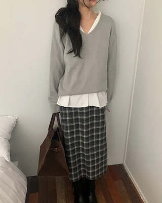 Wool check long skirt